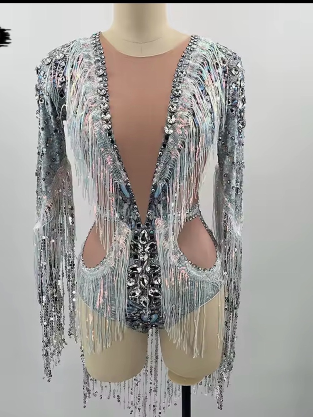 Silver Beaded Fringe Long-Sleeve Bodysuit